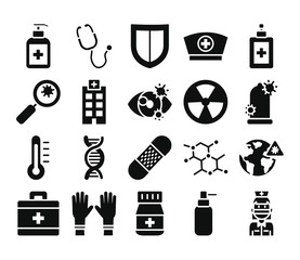 hospital building, virus and medicine icon set, silhouette style