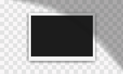 Empty photo frame mock up with shadow.  Template isolated on transparent background. Instant photo frame for social net, film, memory. Vector  illustration in retro vintage style.