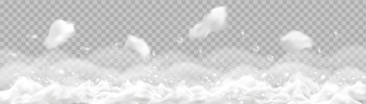 Bath foam isolated on transparent background. Shampoo bubbles texture.Sparkling shampoo and bath lather vector illustration