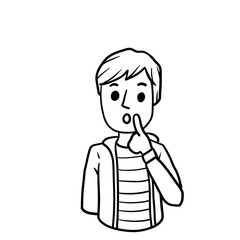 Confused man. Doubts and gesture finger at hands. Hand-drawn embarrassed young character. Boy in shirt. Guy and question. Emotions of hesitation, suspicion and mistrust