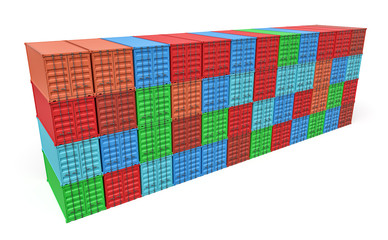 3d rendering of many closed blue, orange, green and red cargo containers stacked on one another isolated on white background.