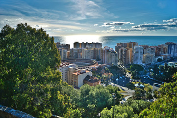 panoramic view of Málaga city with the bullring, the skyline and the sea in the background