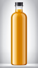 Glass Bottle with Orange Juice on background.