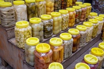 Homemade Pickled Vegetables in Jars Ready to Eat.