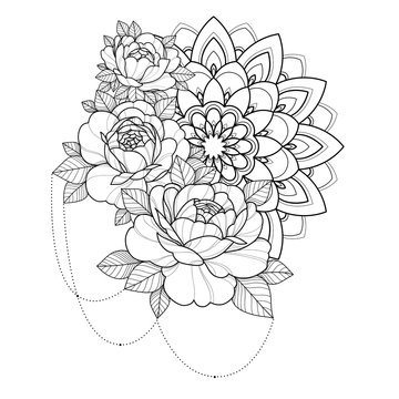 Hand drawing flowers with mandala ornament for greeting card, invitation, Henna drawing and tattoo template. Vector illustration