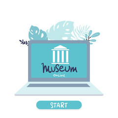 Interactive museum exhibition. laptop . Virtual Museum and Art Gallery Tours in laptop. Online Tours. Vector flat concept