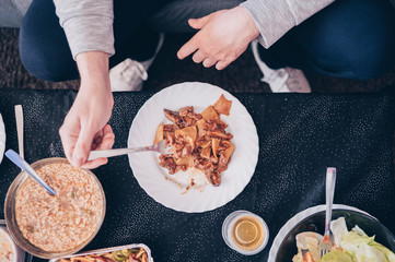Eating chinese delivery food at home .Top view.Relax time.Enjoy the weekend.Enjoy the isolation.