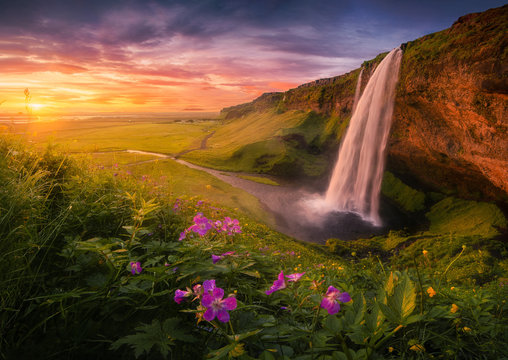 Majestic waterfall located on entrance of grassy stone cave against cloudy sundown sky on seashore in Iceland