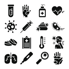 test tube and virus icon set, silhouette style