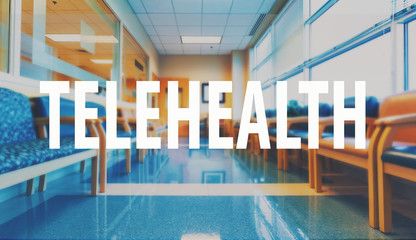 Telehealth theme with a medical office reception waiting room background