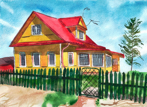 Watercolor illustration of a village house. A hand-drawn picture in bright, positive colors will decorate your design.