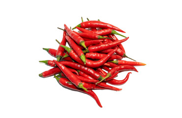 Pile of fresh red chilli peppers isolated on white background. Top view. Hot pepper