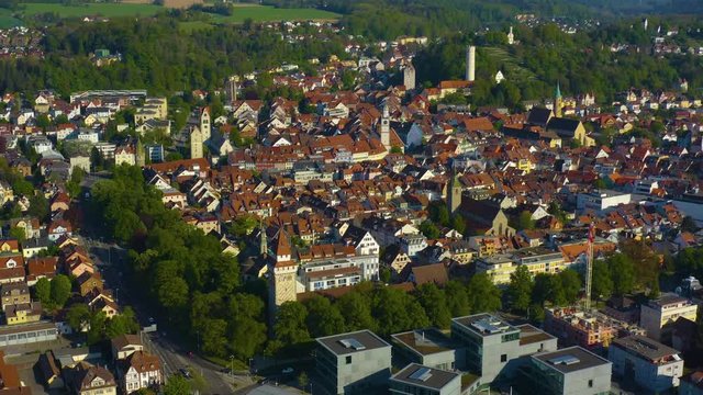 Aerial view of the city Ravensburg in spring during the coronavirus lockdown.