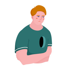 Sad, unhappy man suffering from psychological trauma, having hole in his heart, darkness inside, hugging, embracing himself in distress, flat cartoon vector illustration isolated on white background