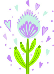Cute vector illustration with flower, branches, leaves and hearts.