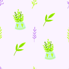 Seamless pattern with branches and flowers in a pot, delicate color. Seamless pattern.