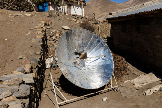 Solar parabolic heater for cooking in the mountain villages of Nepal. Himalayas.