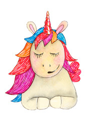 Watercolor illustration. Portrait of a unicorn with a multicolored mane on a white background
