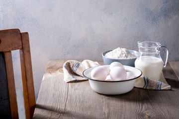 Milk, flour and eggs. The concept of a rustic style.