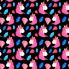 Seamless pattern of a magic unicorn with multicolored crystals on a black background, drawn in watercolor