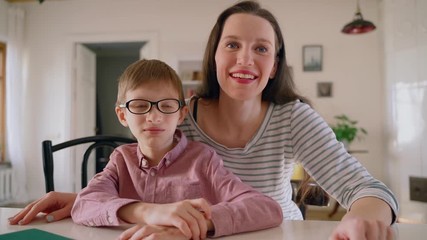 mom and son talking at webcam camera making video call chatting Spbas. child and parent communicating in social distancing through talk. concept stay home, interview