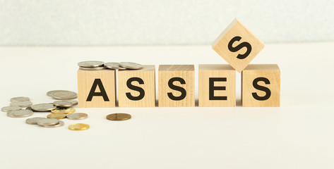 Concept of ASSESS on wooden cubes, on a light background