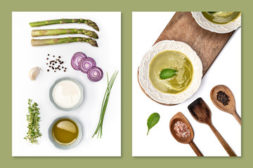 Ingredients for asparagus soup in knolling concept on white background. Recipe, method. Overhead shot. - Powered by Adobe