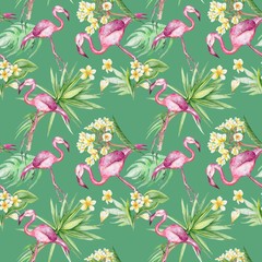 Tropical flamingo and plumeria flowers seamless pattern