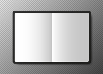 Realistic blank black open copybook template on transparent background. Notebook Vector.