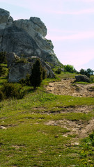 View of the Sokolich Mountains Reserve and rock stones in Olsztyn. A free space for an inscription