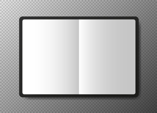 Realistic blank black open copybook template on transparent background. Notebook Vector.