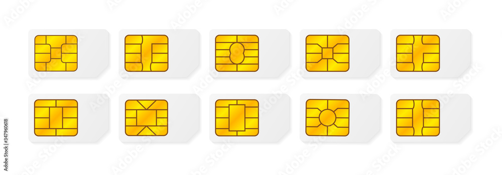 Poster realistic global big collection phone sim card with different emv chips. nfc chip for credit card se
