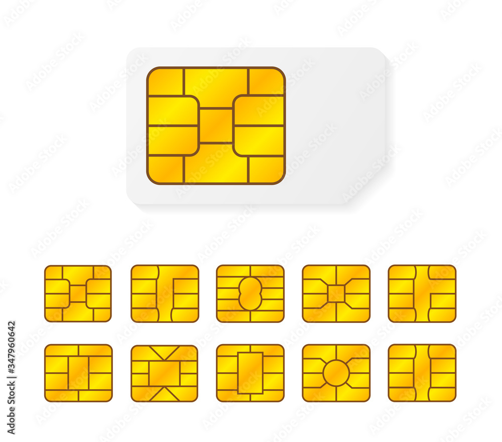Aufkleber realistic global collection phone sim card with different emv chips. nfc chip for credit card securi
