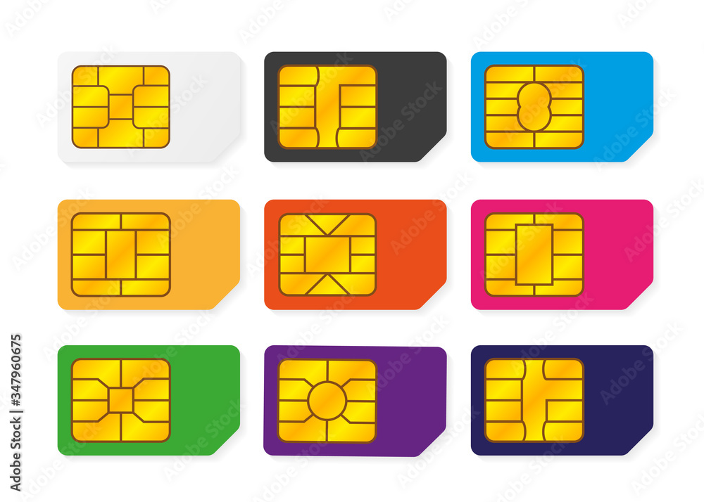 Poster realistic global big collection phone sim card with different emv chips and different colors. nfc ch