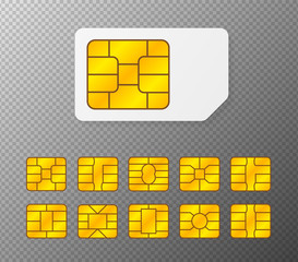 Realistic global collection phone sim card with different EMV chips. Nfc chip for credit card security isolated on white background. Big set elements. Vector.