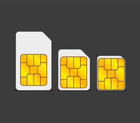 Two realistic global collection phone sim card with EMV chips. Nfc chip for credit card security isolated on gray background. Vector.