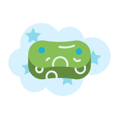 Artificial Green Fiber sponge Flat Design, Housekeeping Equipment on Bubble Sud Background, Sponge tool cleaning Vector Color Icon Concept, Washboard Cleaning Foam 