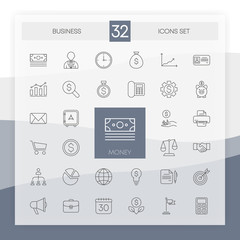 BUSINESS 32 icons set with flat abstract design isolated on white background. Vector.