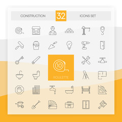 CONSTRUCTION 32 icons set with flat abstract design isolated on white background. Vector.