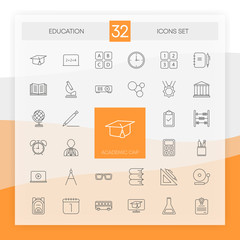 EDUCATION 32 icons set with flat abstract design isolated on white background. Vector.
