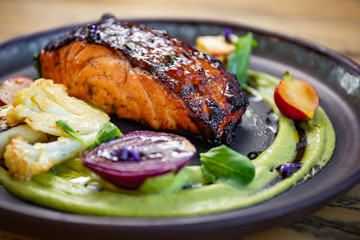 Grilled salmon with grilled vegetable, green purée