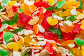 Assorted gummy candies. Top view. Jelly  sweets.