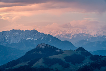 Fototapeta na wymiar Sunrise in the Alps on the mountain top