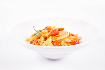 Penne with tomatoes, garlic and mozzarella decorated with rosemary twig, on a white background