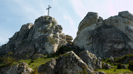 Fototapeta premium View of the Sokolich Mountains Reserve and rock stones in Olsztyn. A free space for an inscription