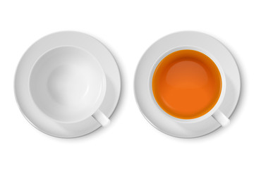 Vector 3d Realistic White Porclean, Ceramic Empty Tea Cup, Mug and with Black or Red Tea Closeup Isolated on White Background. Design Template, Clipart. Top View