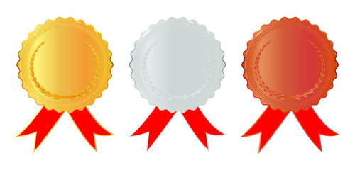 Gold, silver and bronze medals with arms and red ribbons. Medals for 1st, 2nd, 3nd place. Champion reward. Stock vector illustration on white isolated background. 