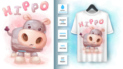 Watercolor hippo poster and merchandising.