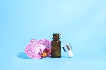A cosmetic dropper bottle and purple orchid on the blue background.