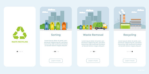 Fototapeta na wymiar UI, UX, GUI template set of waste sorting and recycling process. Waste utilization,transportation by truck. Different types of garbage. Set of onboarding screens. For mobile app, responsive web site.